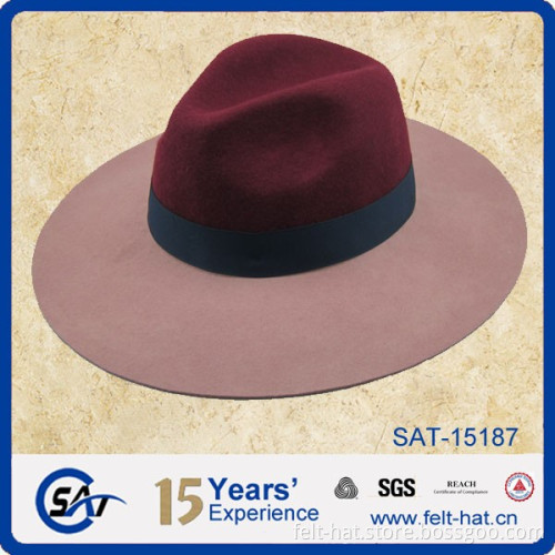 pure wool 9cm brim two tone fedora burgundy & pink color